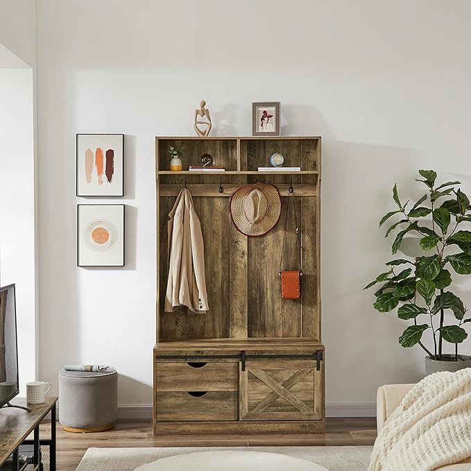 Hall Tree with Storage, Coat Rack with Shoe Storage, 6-in-1 Farmhouse Hall Tree with Hooks, Shoe Racks with Coat Rack for Entryway, Hallway, Walnut