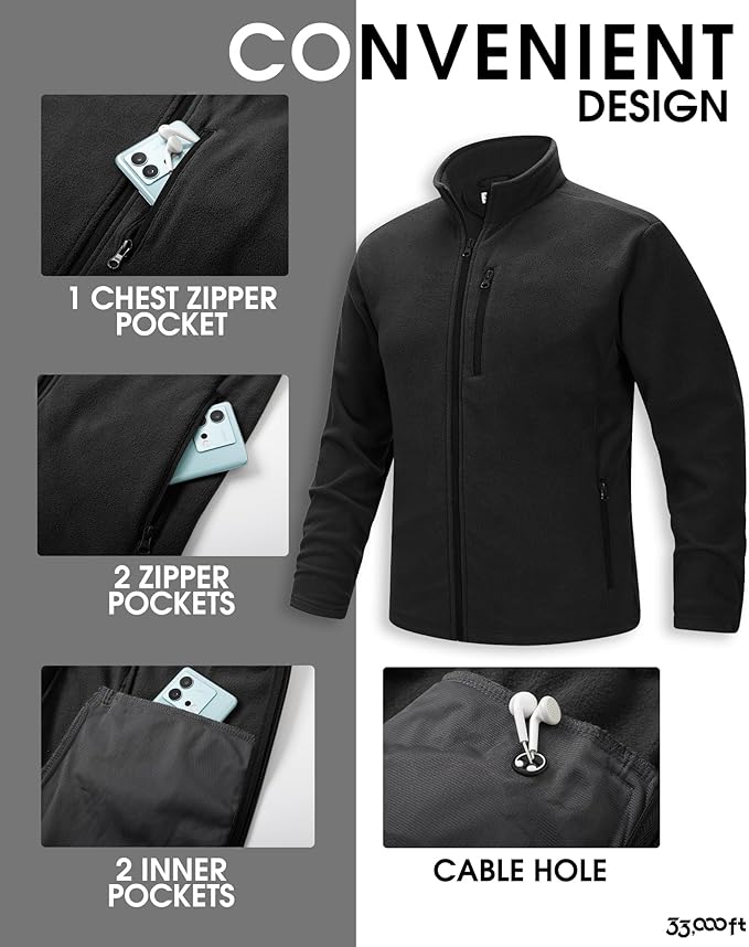 33,000ft Men's Full Zip Fleece Jacket Lightweight Warm Soft Polar Long Sleeve Jackets with Pockets for Winter Hiking Casual