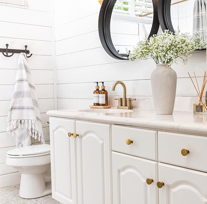 Laurel&Vine 12" Tall White Ceramic Vase, Speckled Textured Minimalist, with 15 Stems of 22" Faux Artificial White Babys Breath, Farmhouse Console Centerpiece Decor, Real Touch Fake Flowers in Vase