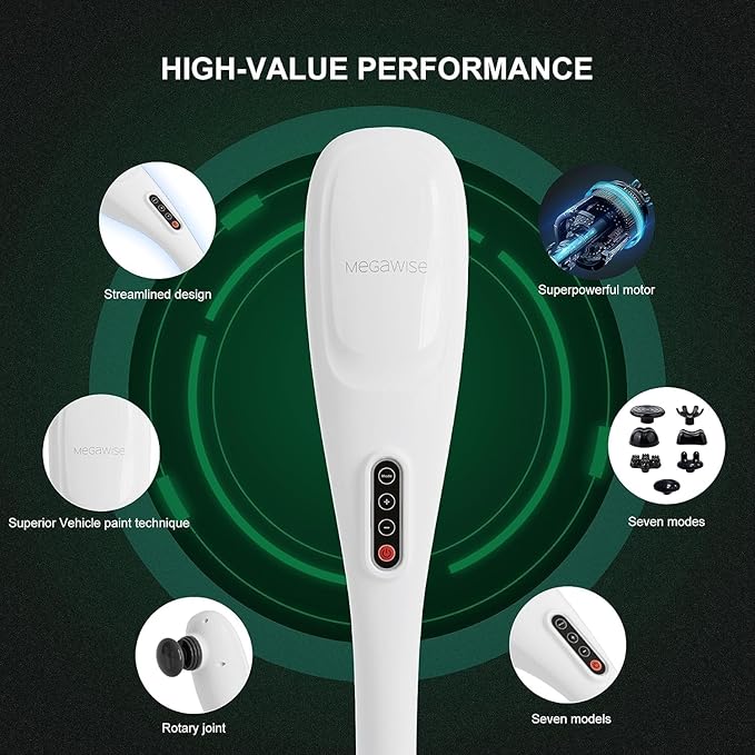 MEGAWISE Cordless Handheld Back Massager w/Rechargeable 3200mAh Battery, 5 Speed and 5 +2 Massage Nodes with Hard, Medium and 2 Soft Silicone Nodes; Massage While Moving Around (Pearl White)