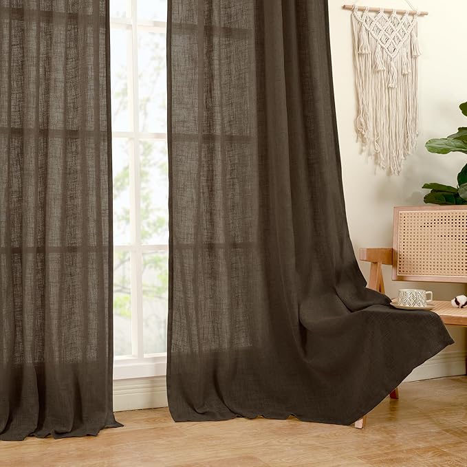 LAMIT Semi Sheer Linen Curtains 45 Inches Long, Light Filtering Panels Back Tab and Rod Pocket Neutral Drapes for Kitchen/Window/Bedroom, Dark Brown, 2 Panels, 52 x 45 Inch