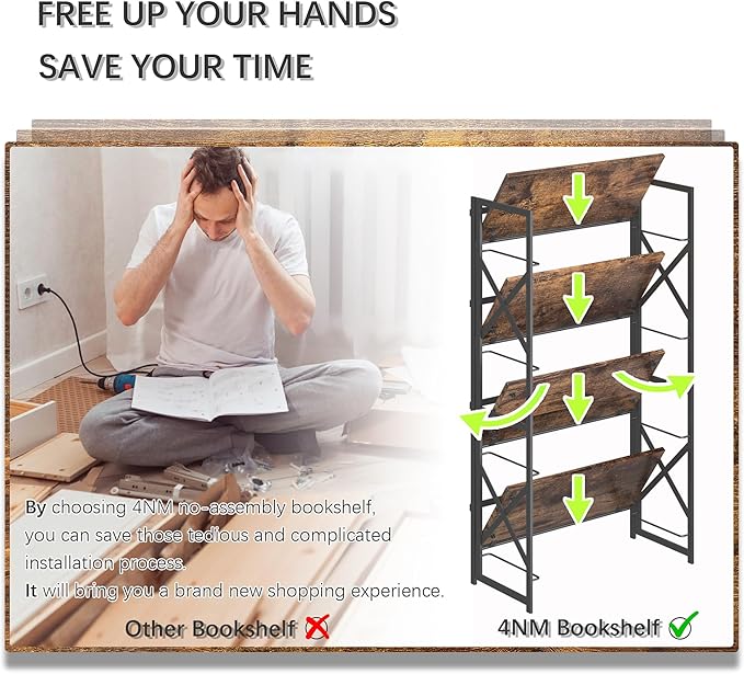 4NM 4 Tiers No Assembly Book Shelves, 41.3" H Folding Bookshelf Bookcase Open Industrial Foldable Shelves for Bedroom, Living Room, Home Office - Rustic Brown Black