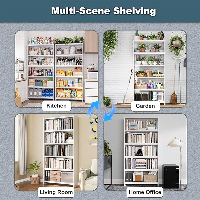 Bookshelf,5 Tier Bookshelfs,69" Tall Metal White Bookcase,Install Simple Bookshelfs for Bedroom, Living Room,Home Office/Library, White