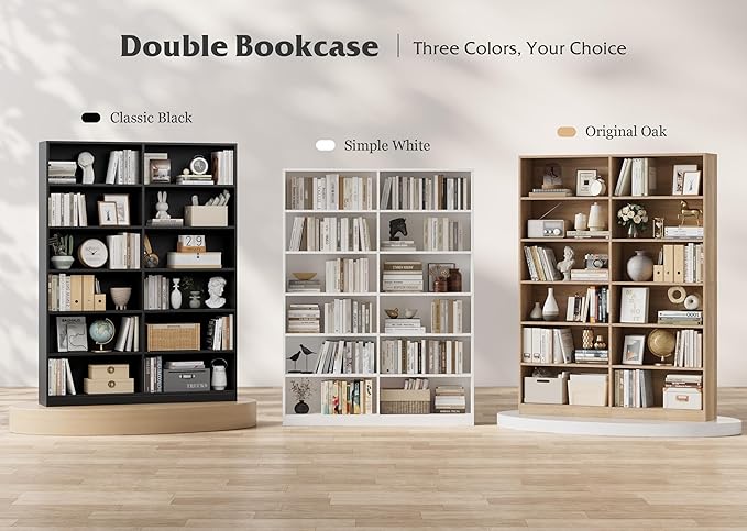 Bookshelf and Bookcase, 6-Tier Double Wide Bookshelves,Freestanding Display Storage Shelves, Tall Bookcases for Home Decor Bedroom, Living Room, Home Office,White