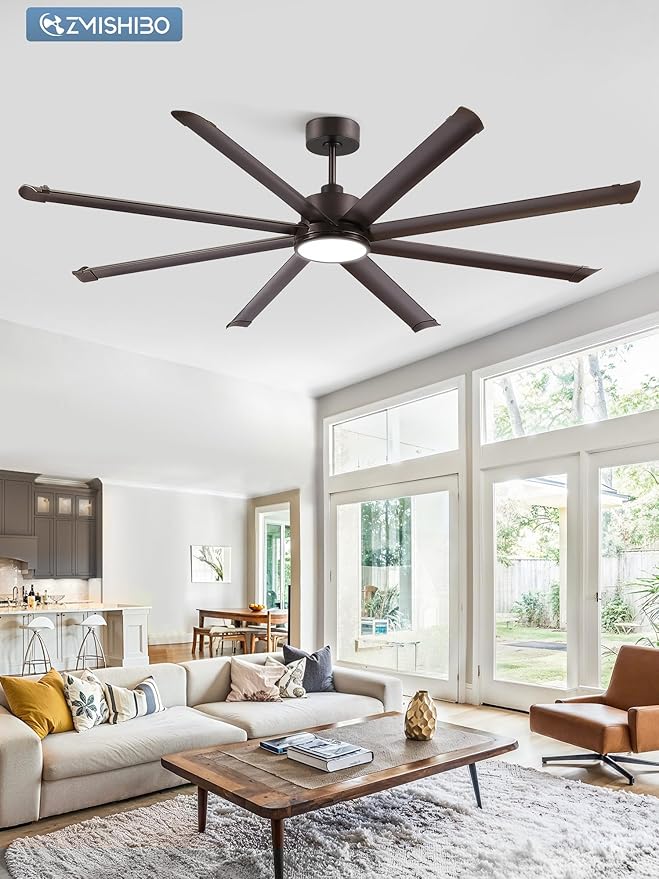 ZMISHIBO 84 Inch Ceiling Fans with Lights, Indoor/Outdoor Industrial Ceiling Fan with 8 Aluminum Reversible Blades, Quiet DC Motor, 3CCT&6-Speed Remote Control, Damp Rated for Living Room/Garage/Porch