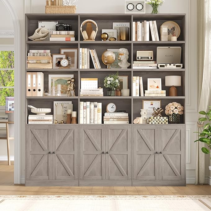 75" Triple Wide Bookshelf, Bookshelf and Bookcase with 6 Farmhouse Doors, 71" Wide 6 Tier Book Shelf with 18 Storage Shelves, Large Wooden Bookshelfs, Tall Bookcase for Home Office, Gray