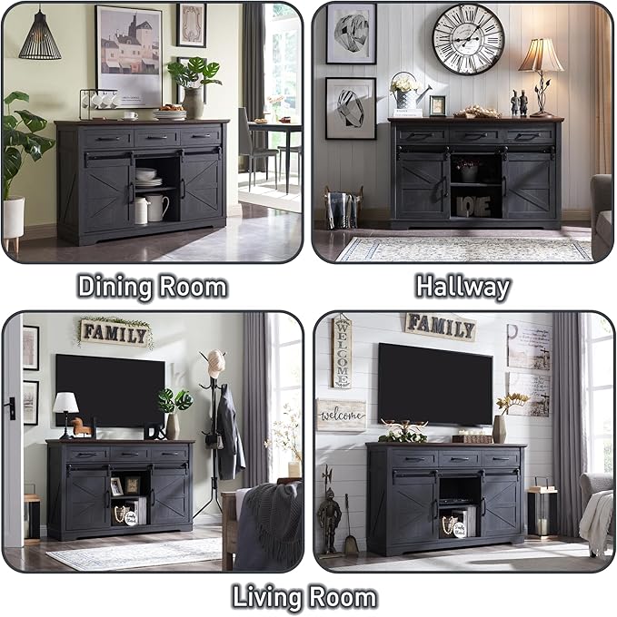 Farmhouse Buffet Cabinet, 53” Sideboard Cabinet w/3 Drawer, Rustic Storage Cabinets w/Sliding Barn Door, Coffee Bar for Dinning Room, Kitchen, Hallway, and Living Room-Dark Gray