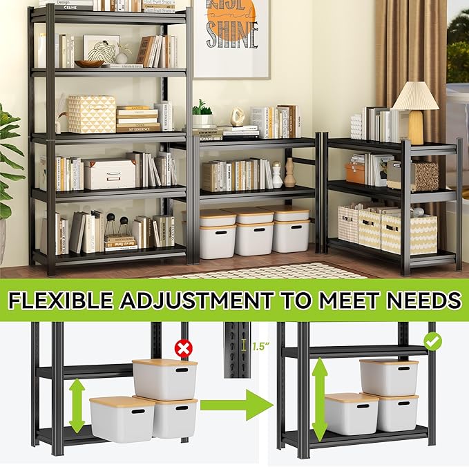 Book Shelf 4-Tier Heavy Duty Adjustable, Tall Metal Bookcase, Black Storage for Library Bedroom (63" H * 35.4" W * 11.8" D)