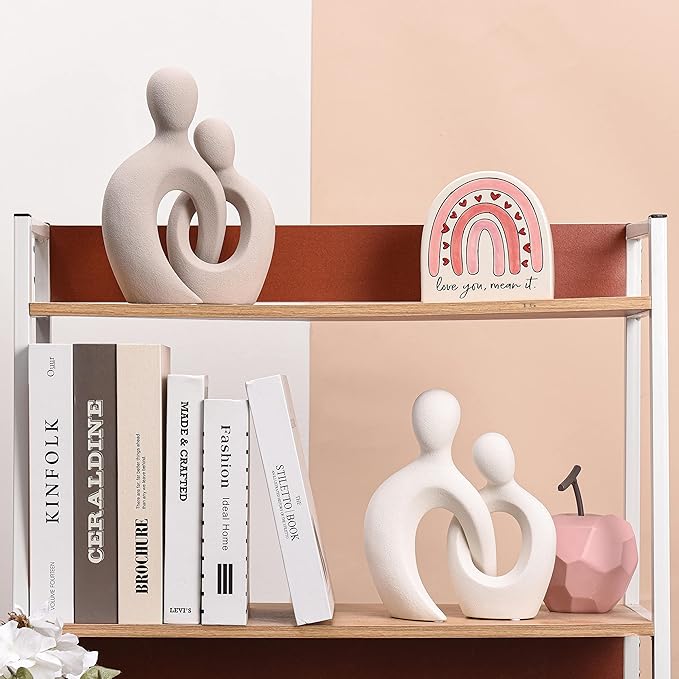 Quoowiit Ceramic Couple Sculptures for Home Decor, Abstract Lover Statue for Shelf, Office, Living Room, Bedroom Decorations - Anniversary, Valentine's Day, Birthday Gift (Grey)
