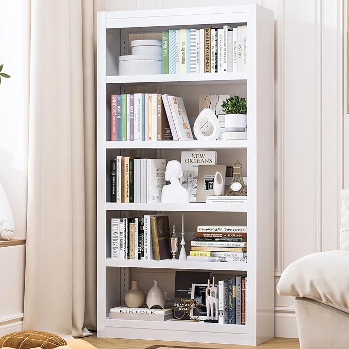 61" H Metal Bookshelf, 5 Tier Adjustable Bookshelf, White Small Bookcase, Bedroom Bookshelfs and Bookcases, Modern Book Shelf for Living Room, Office, Easy Tool-Free Assembly