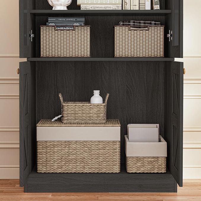 Vyre 71" Tall Farmhouse Kitchen Pantry, Set of 4 Large Storage Cabinets with Glass Doors, Freestanding Wood Hutch Cabinet with 3 Drawers, Adjustable Shelves for Living Room, Dining Room, Black