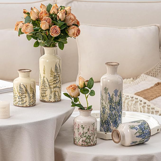 Ceramic Vase Set of 3, Vintage Blue Floral Beige Vases, Rustic Chinoiserie Decorative Vases for Wedding Decor, Wedding Gifts, Farmhouse Floral Vase for Home Decor, Living Room, Kitchen, Shelf Decor