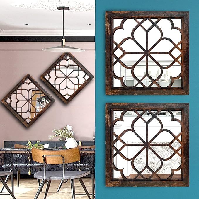 Wocred Set of 4 Mirrors Square Wall Mirror,Gorgeous Rustic Farmhouse Accent Mirror,Caramel Color Entry Mirror for Bathroom Renovation,Bedrooms,Living Rooms and More (12”x12”4pcs)