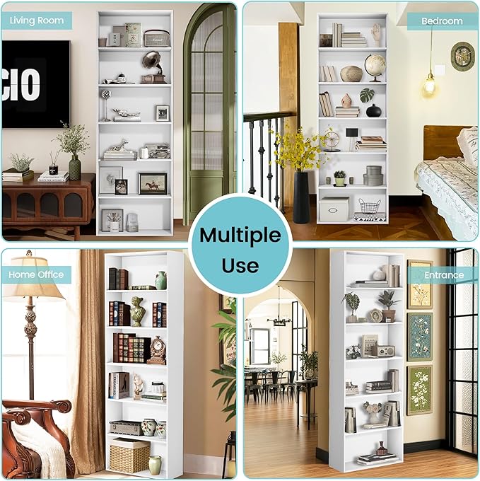 71" Tall Bookcase, 6-Tier Open Display Storage Shelves, Floor Standing Large Book Shelf for Living Room, Home Office, Bed Room, White