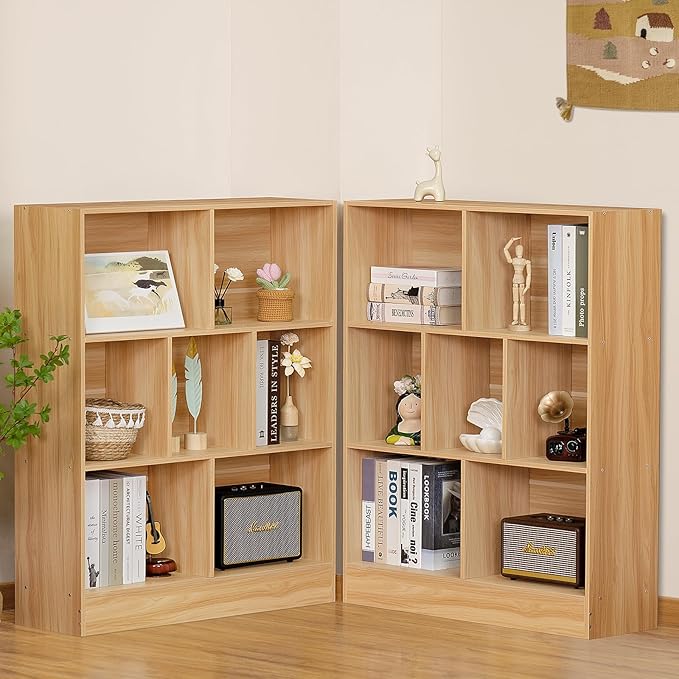 LEYAOYAO 7 Cube Bookshelf with Base,3 Tier Mid-Century Modern Natural Bookcase,Standing Wide Bookshelfs Storage Organizer Shelf,Rustic Wood Display Cabinet Book Shelves for Bedroom,Living Room,Office