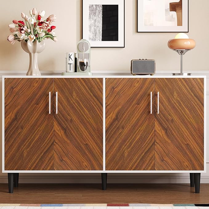 4 EVER WINNER 55" Sideboard Buffet Cabinet with Storage, Coffee Bar Cabinet with Adjustable Shelves, Kitchen Storage Cabinets with 4 Doors for Kitchen, Dining Room