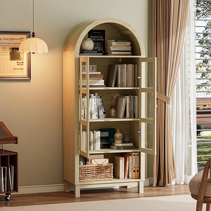 BREEZEHEAT Arched Cabinet with Glass Doors, 70" Tall Bar Cabinet Farmhouse Whiskey Station with Wine Rack and Glasses Holder, Liquor Bar Cabinet for Home Kitchen Living Dining Room, Light Oak