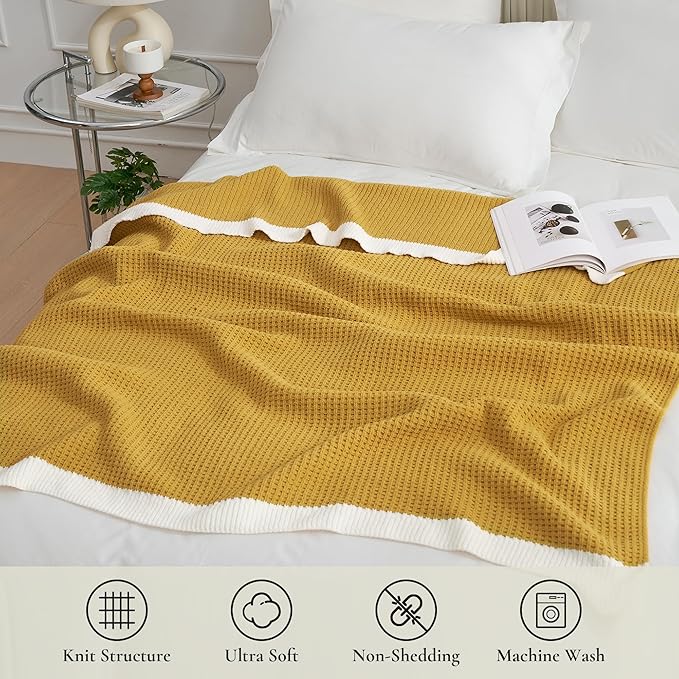 Amélie Home Waffle Throw Blanket for Couch, Soft Cozy Chenille Knit Blanket Warm Decorative Throw for Sofa, 50"x60", Ginger