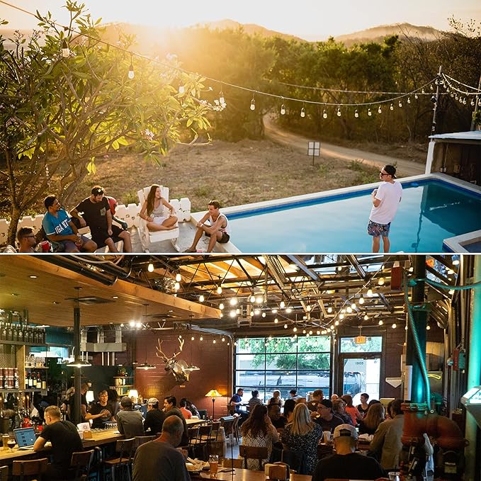 48ft LED Outdoor String Lights with 15+1(Spare) 1W Shatterproof Bulbs, Black Waterproof IP65 Connectable Outdoor Decorative Lights for Garden Patio Cafe Bistro Backyard Porch, ETL Listed