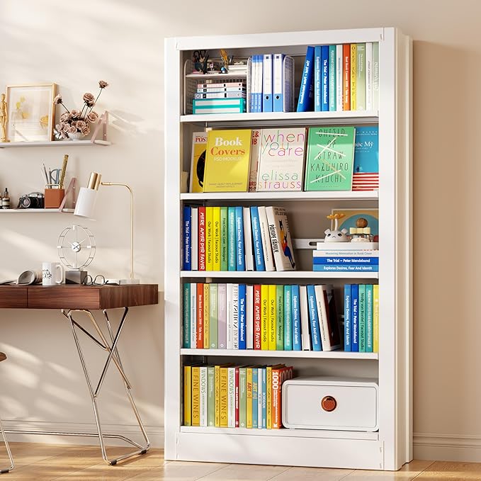 Bookshelf, 5-Tier Metal Sturdy Bookcase,71" H Tall White Bookcase with Adjustable Shelves, Heavy Duty Storage Bookshelfs and Bookcases for Living Room, Library, School, Study, Home Office