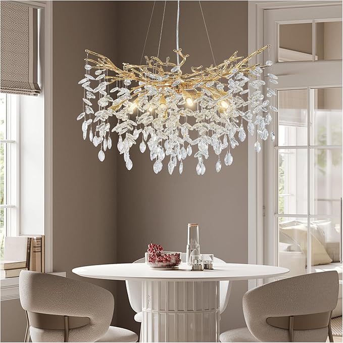 YUYI Modern Crystal Chandelier, 30" Gold Tree Branch Chandelier, 10-Light Round Chandeliers for Dining Room, Living Room, Kitchen, Foyer, Entryway, Bedroom, Luxury K9 Crystal Raindrop Light Fixture