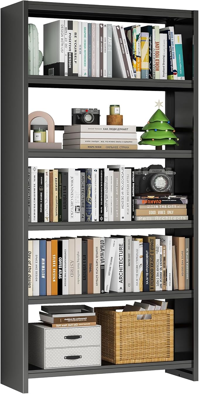 5 Tier Bookshelf, 69" Tall Bookcase, Metal Black Bookshelfs, Open Display Bookshelf for Bedroom, Living Room, Home Office, Easy Installation