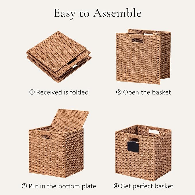 UBBCARE 2 Pack Wicker Basket, 12×12 Storage Cubes with Label, Foldable Cube Storage Bin with Handle, Square Storage Basket for Shelves, Woven Paper Rope Basket for Organizing, Caramel