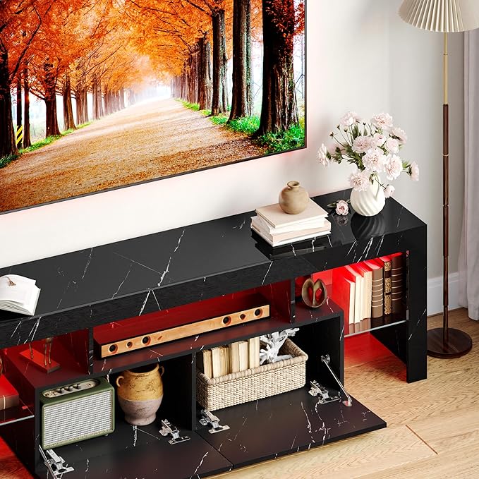 65.7 inch Modern High Gloss LED TV Stand with Storage for 50 55 60 65 70 75 inch TV, Gaming Entertainment Center for PS5, TV Cabinet with Glass Shelves for Living Room, Bedroom, Black Marble