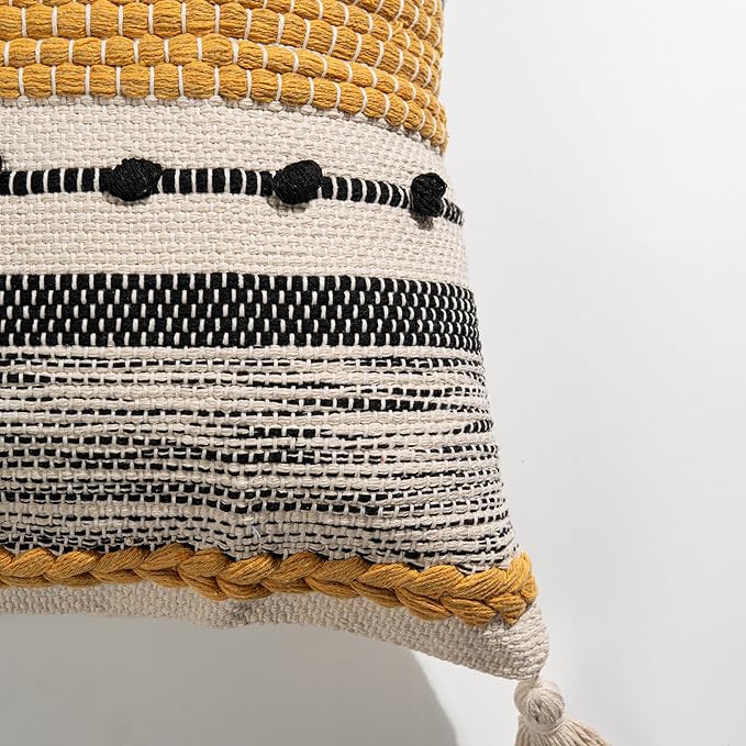 Fall Boho Decorative Throw Pillow Cover 22x22 Square Yellow Mustard Accent Pillowcase Tassels Farmhouse Cushion for Couch Sofa Bedroom Living Room Home Décor Cover ONLY (Pack of 1)