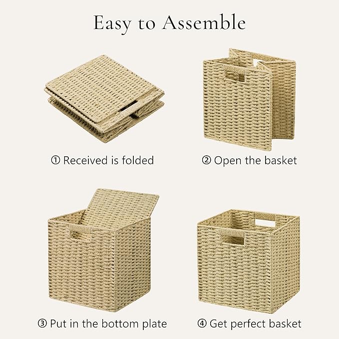 UBBCARE 2 Pack Wicker Basket,11L×11H×10.5W inch Woven Paper Rope Storage Baskets for Shelves, Foldable Cube Storage bin with Handle, Storage Basket for Organizing & Decor, Natural