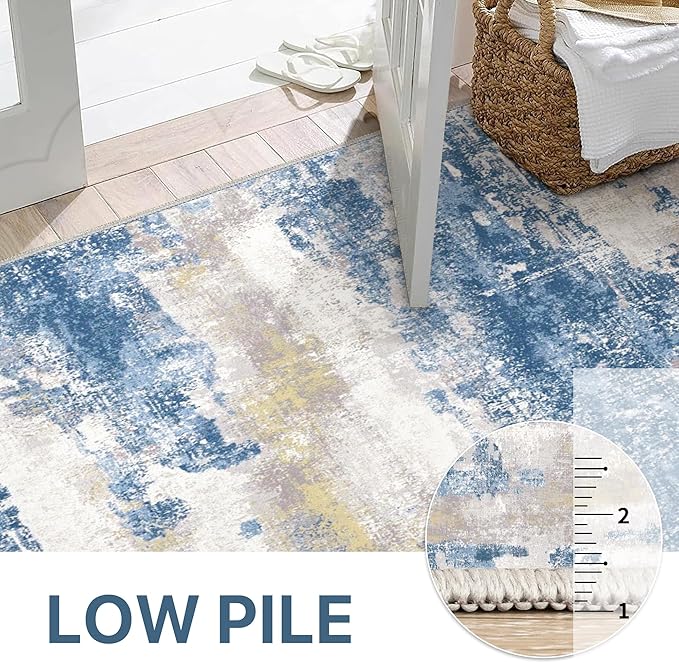 Runner Rug for Hallway Kitchen 2x7 Machine Washable Runners Rug for Entryway, Blue Cream Soft Modern Abstract Throw Rugs, Floor Carpet with Non Slip Rubber Backing