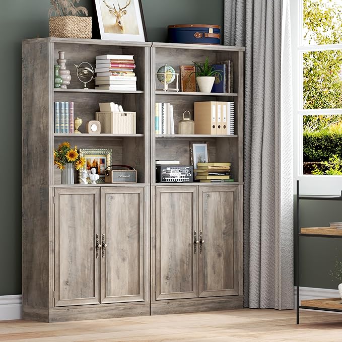 71.4" Tall Bookshelf with Cabinet, 5-Tier Floor Standing Bookcase with Doors & Adjustable Shelves, 31.5" Wide Storage Shelf, Metal Handles, Modern Organizer for Home Office, Living Room