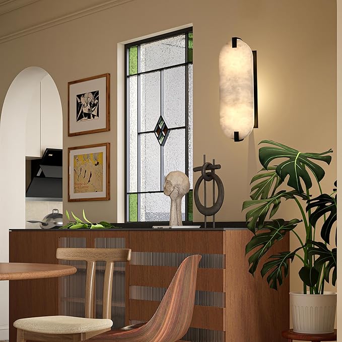 2 Light 15.63" Natural Oval Alabaster Marble Bathroom Wall Sconce Modern Concise Style Wall Light Fixture,Black Finish for Bedroom Hallway Bedside Living Room