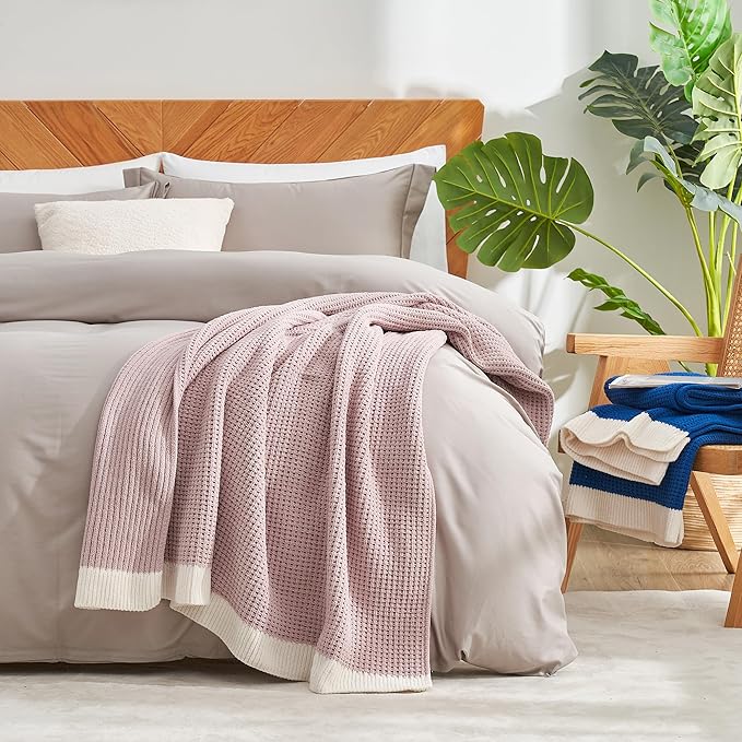 Amélie Home Waffle Throw Blanket for Couch, Soft Cozy Chenille Knit Blanket Warm Decorative Throw for Sofa, 50"x60", Pink