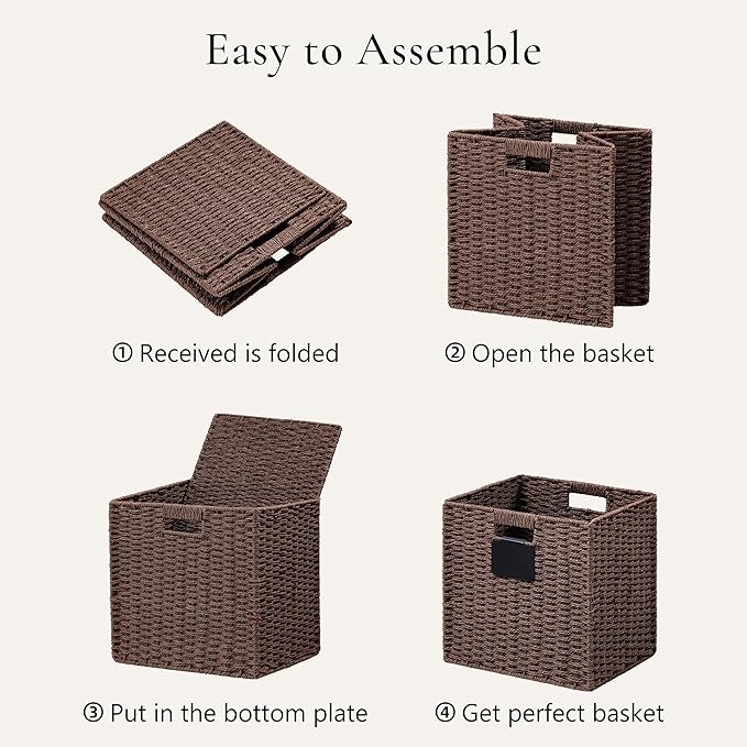 UBBCARE 4 Pack Wicker Basket, 13×13 Storage Cubes with Label, Foldable Cube Storage Bin with Handle, Square Storage Basket for Shelves, Woven Paper Rope Basket for Organizing, Brown