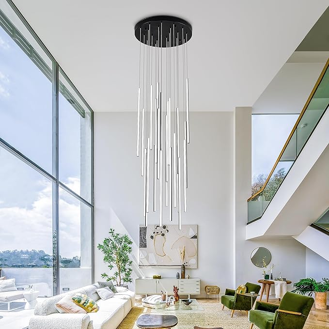 Modern LED Chandelier Clustered Led Pendant Light Black 24 Lights Dimmable High Ceiling Large Hanging Lighting Fixture for Loft Villa Living Room Stairs Foyer