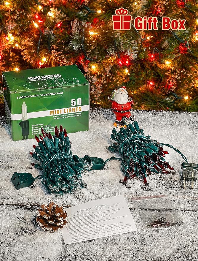 Hopolon Christmas Lights Indoor Outdoor, 2 Pack 13 FT 50 Count Incandescent Mini String Light, Green Wire Christmas Tree Lights Waterproof for Holiday Wedding Valentine's Day Decor, Red and Clear