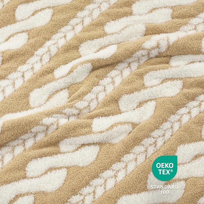 Amélie Home Cable Knit Throw Blanket for Couch, Bicolour Super Soft Cozy Fuzzy Plush Throws for Sofa, 50" x 60", Cable Beige & White