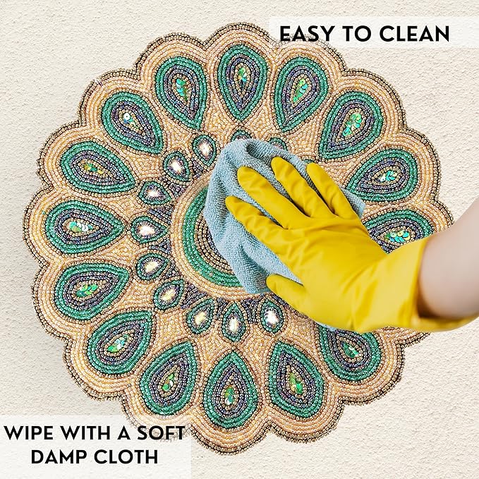 13" Round Beaded Table Mat - Elegant Glass Bead & Polyester Charger Plate for Dining & Coffee Tables, Non-Slip, Stain-Resistant, Perfect for Home & Special Occasions (Green Gold Brown) - CLEENTABLE