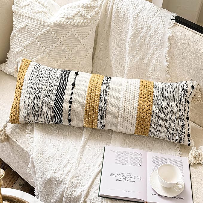 Fall Decorative Lumbar Throw Pillow Cover 14x36 Boho Long Cushion for Bed Yellow Mustard Accent Farmhouse Pillowcase for Bedroom Living Room Couch Sofa Home Décor Cover ONLY