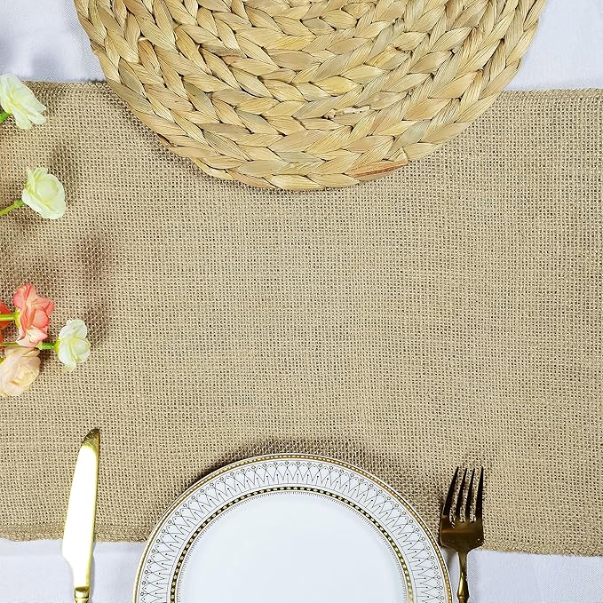 12 Pack 12 x 90 Inch Natural Burlap Table Runners,Rustic Jute Table Runner and Placemats Bulk for Western Wedding Table Decorations,Farmhouse Style Party,Holiday,Kitchen Table Decor