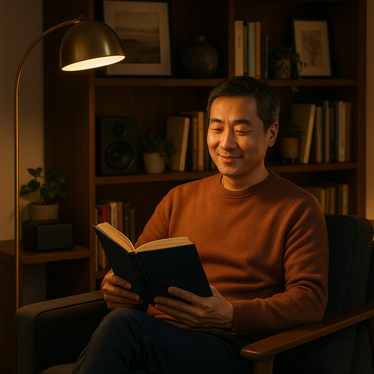 The Warm Light of Contentment: A Middle-Aged Man’s Reflection in His Modern Study