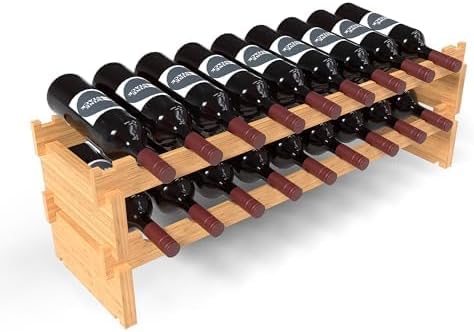 18 Bottle Bamboo Stackable Small Wine Rack for Countertop, No Tools Assembly, Durable, Wine and Liquor Bottle Storage for Small Spaces