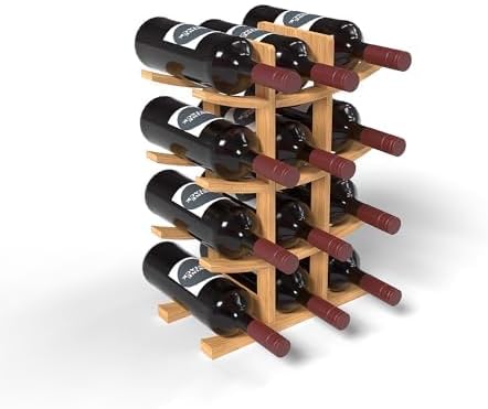 12 Bottle Bamboo Small Wine Rack for Countertop, No Tools Assembly, Modern Lattice Design, Durable, Wine and Liquor Bottle Storage for Small Spaces