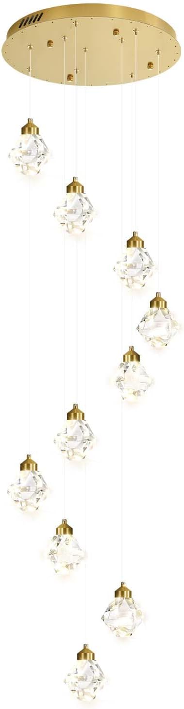 10-Light Modern Chandelier for Entrance Crystal Chandeliers for Living Room Gold Pendant Light Fixture Staircase Chandeliers for High Ceilings Dimmable LED Hanging Light with Remote