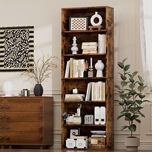 JAMFLY Open Bookshelf and Bookcase, 6 Shelf Storage Tall Bookcase for Bedroom, Living Room and Office, Vintage Brown