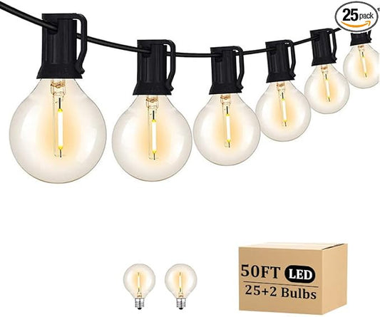 50FT LED Outdoor String Lights with 27 G40 Bulbs (2 Spare) Connectable Yard Hanging Lights for Party Tents Patio Gazebo Porch Deck Bistro Backyard Balcony Pergola Outside Decor