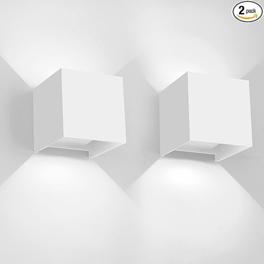 12W 2Pack Outdoor Wall Lights Exterior/Interior,LED White Outdoor Wall Sconces Light Fixtures Modern,IP65 Waterproof Square Aluminum Wall Lamps, Up and Down Lights 6500K Cold Lights