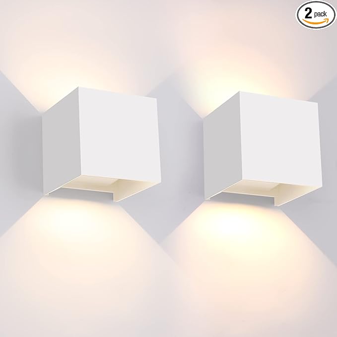 12W 2Pack Outdoor Wall Lights Exterior/Interior,LED White Outdoor Wall Sconces Light Fixtures Modern,IP65 Waterproof Square Aluminum Wall Lamps, Up and Down Lights 3000K Warm Lights