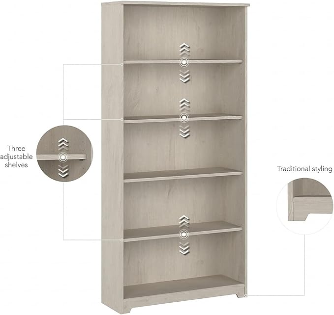 Bush Furniture Cabot Tall 5 Shelf Bookcase | Large Open Bookshelf in Linen White Oak | Sturdy Display Cabinet for Library, Living Room, and Home Office